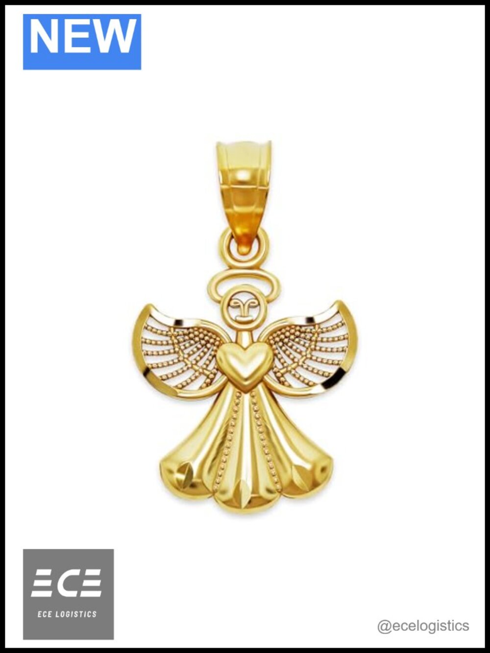 10 Karat Solid Gold Angel Charm Pendant Necklace 7/8"L x 1 1/2"W